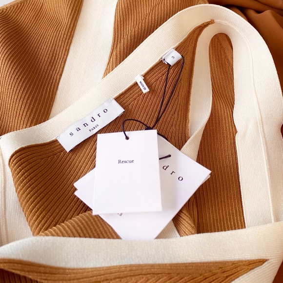 SANDRO Paris Nate Two-Toned Contrast-Trim Knitted Bodysuit In Ocre NWT - Picture 12 of 13